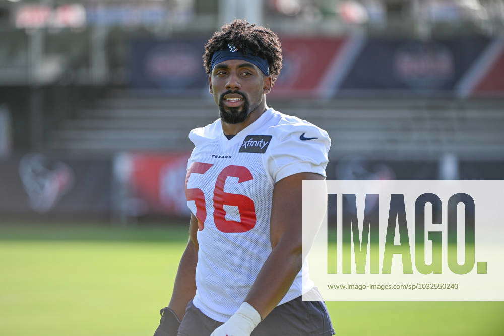 Houston Texans defensive tackle Thomas Booker IV (56) warms up before  taking on the New York