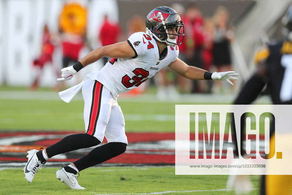 Tampa Bay Buccaneers safety Nolan Turner (34) runs to the ball carrier  during an NFL preseason football game against the Baltimore Ravens,  Saturday, Aug. 26, 2023, in Tampa, Fla. (AP Photo/Peter Joneleit