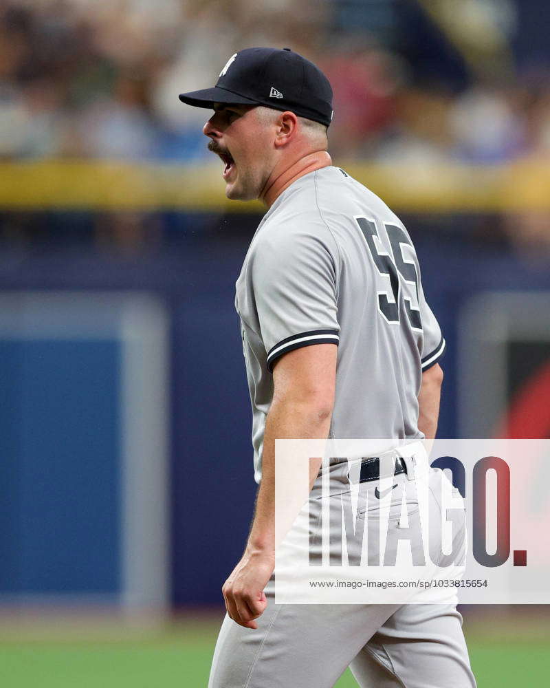 St. Petersburg, United States. 27th Aug, 2023. New York Yankees starter Carlos  Rodon pitches against the Tampa Bay Rays during the first inning of a  baseball game at Tropicana Field in St.