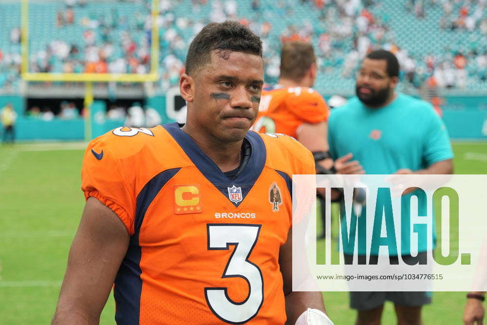 Denver Broncos quarterback Russell Wilson (3) walks on the sidelines during  an NFL football game against the Miami Dolphins, Sunday, Sept. 24, 2023, in  Miami Gardens, Fla. (AP Photo/Doug Murray Stock Photo - Alamy