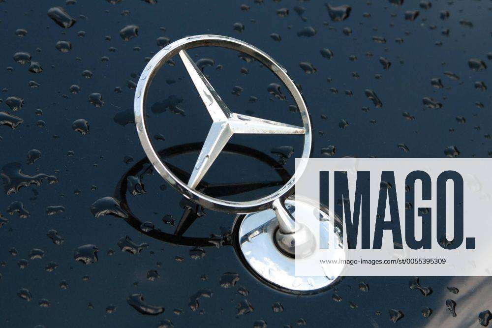 Mercedes Stern auf einer regennassen Motorhaube in