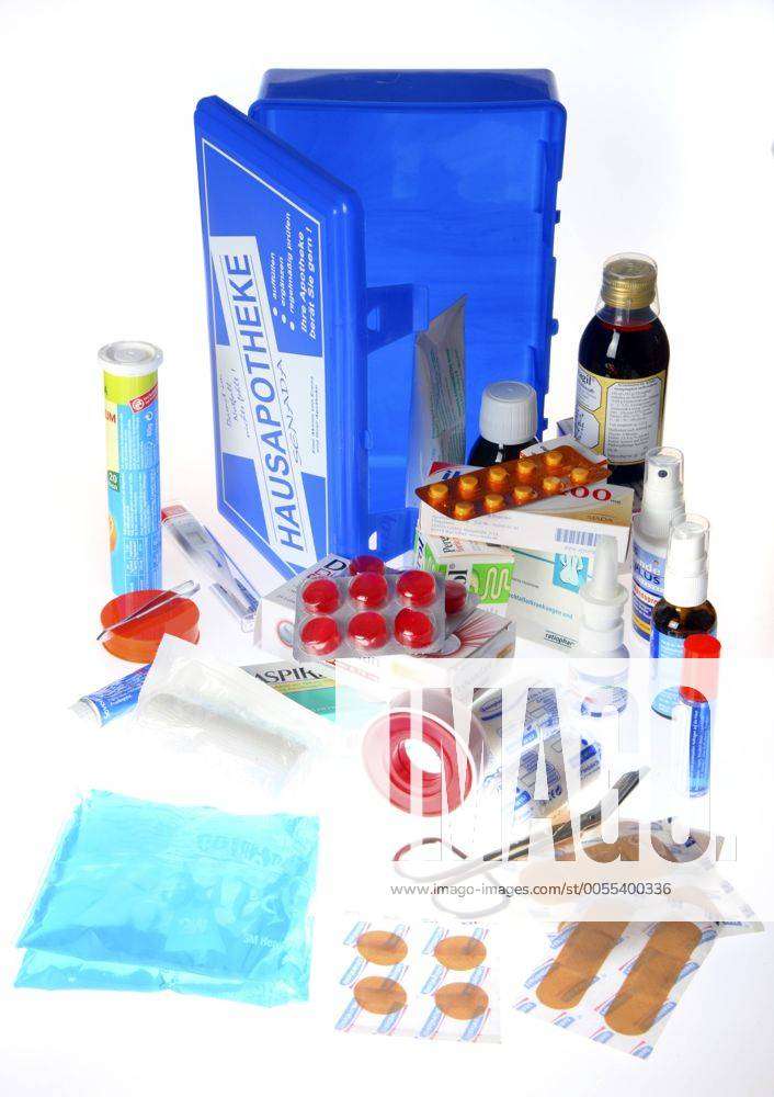 Hausapotheke, Box, mit einer Auswahl an Medikamenten, Hilfsmittel