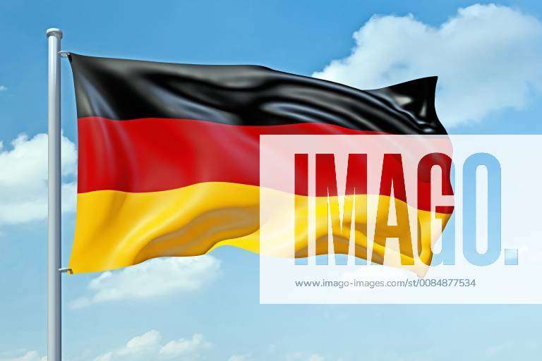 Im Wind wehende Deutschlandfahne vor blauem Himmel, Deutschland