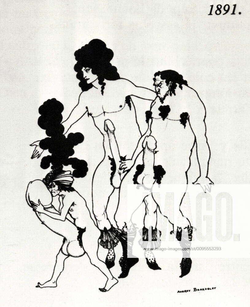 BEARDSLEY Oeuvre Trois faunes avec leur sexe en erection. Illustration  comico-pornographique