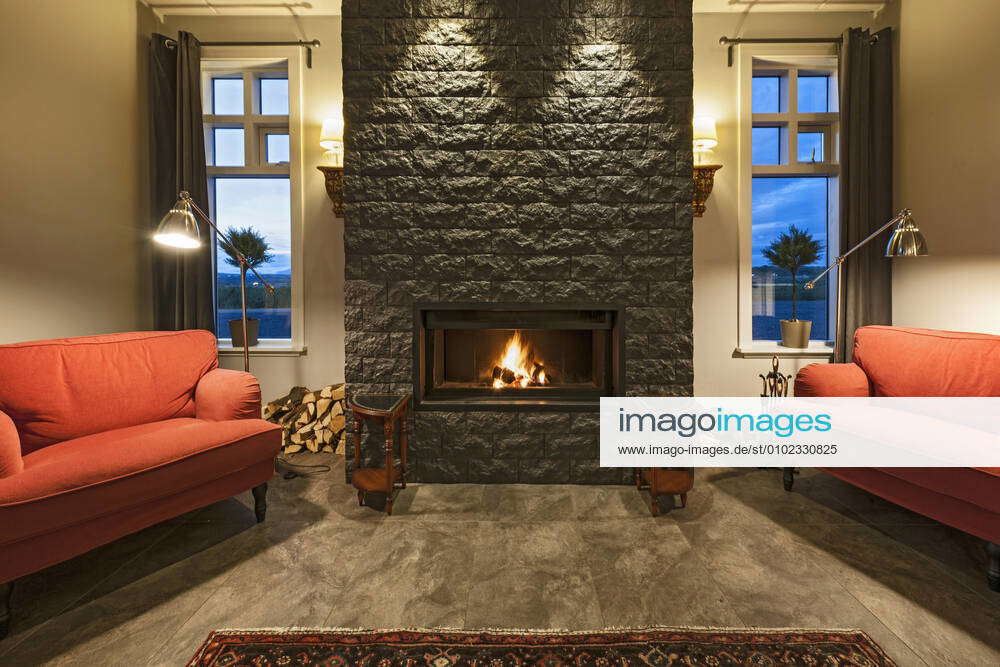 Fireplace at lounge at luxury hotel in Iceland Selfoss, Iceland CR ...