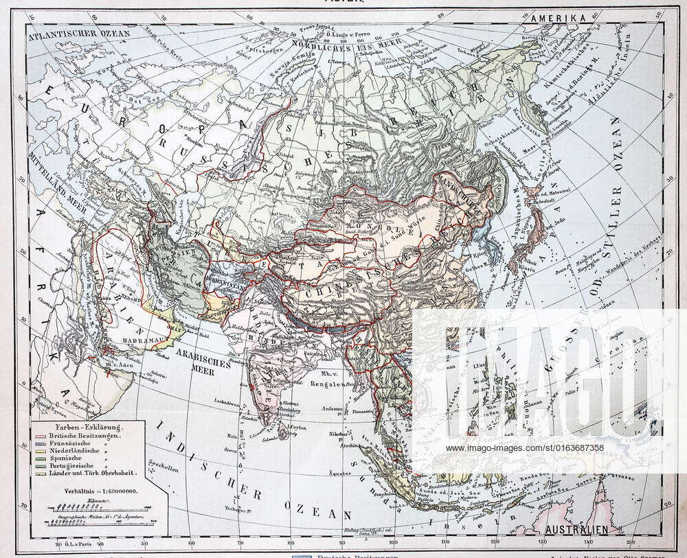 Landkarte von Asien aus dem Jahre 1880 Map of Asia from the year