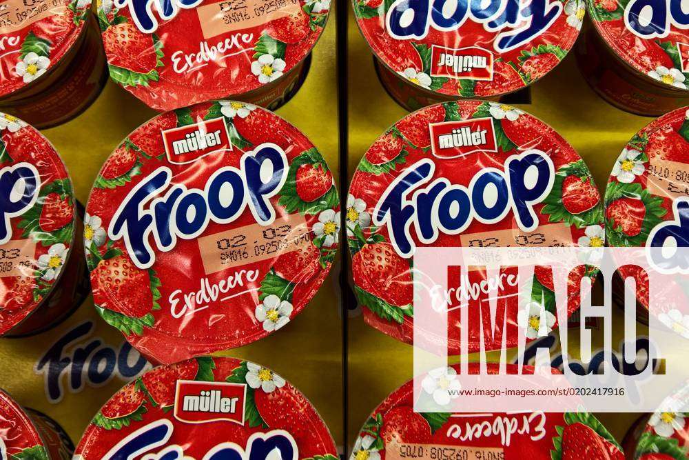 Mueller Molkerei, Froop Joghurt mit Unternehmensgruppe Mueller Die Erdbeer-Geschmack. Theo