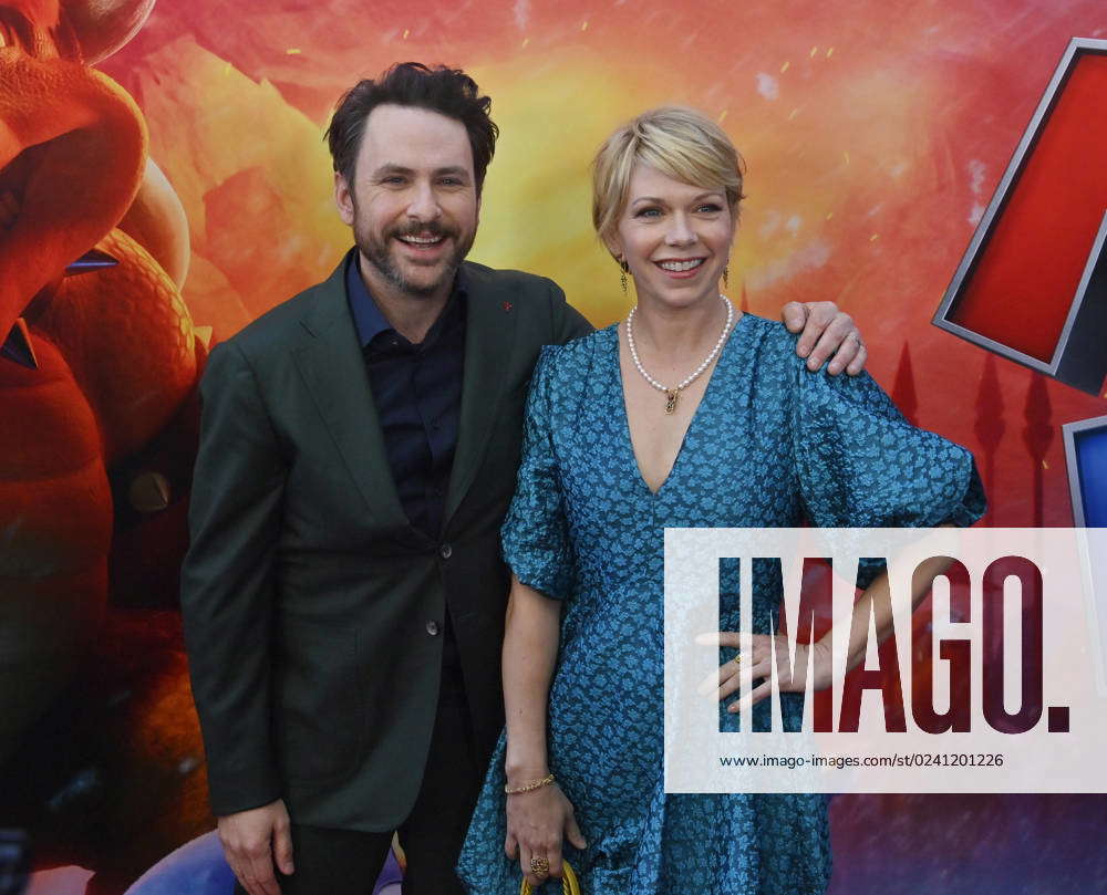 Cast member Charlie Day, the voice of Luigi and his wife, actress Mary  Elizabeth Ellis attend