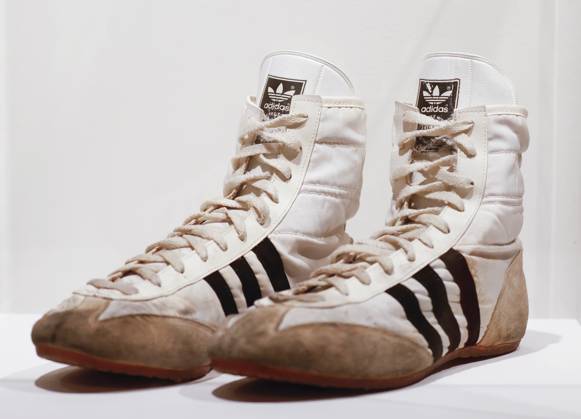 Adidas high top sneakers size 8.5 worn by Freddie Mercury are on display as part of the Freddie