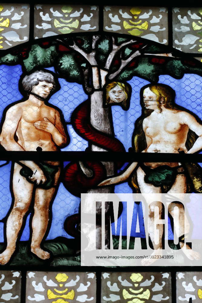 Auxerre Cathedral. Stained glass. Adam, Eve and Lilith. Garden of Eden ...